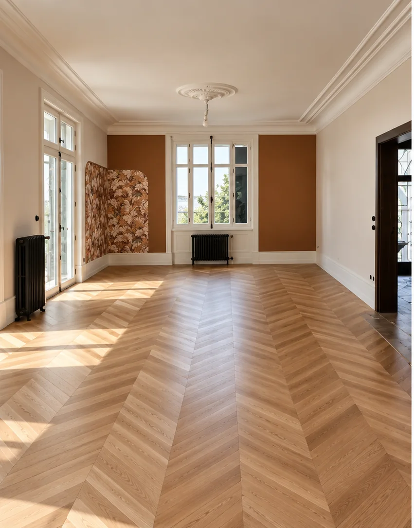 Salon à moulures avec parquet en point de Hongrie et papier peint, par ARTIdékor